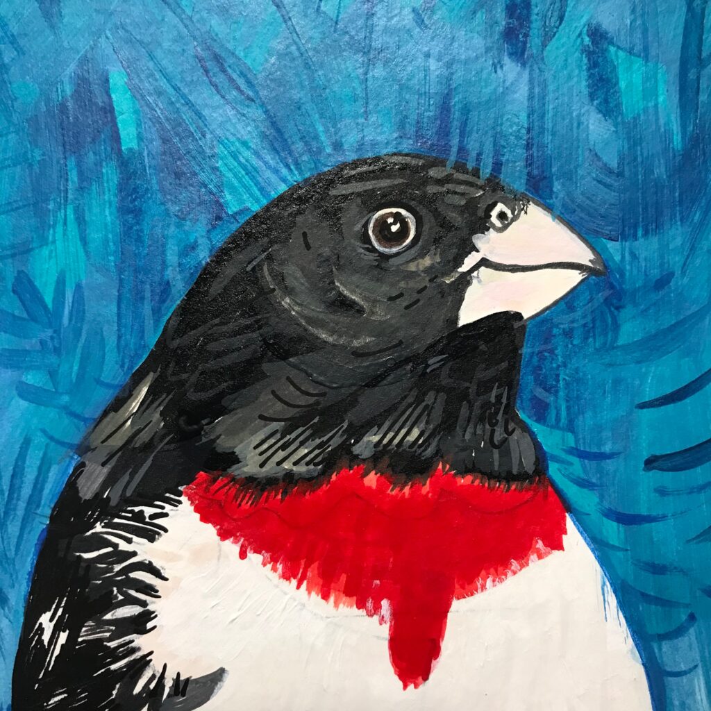 A small acrylic painting of a bird called the Rose-Breasted Grosbeak.