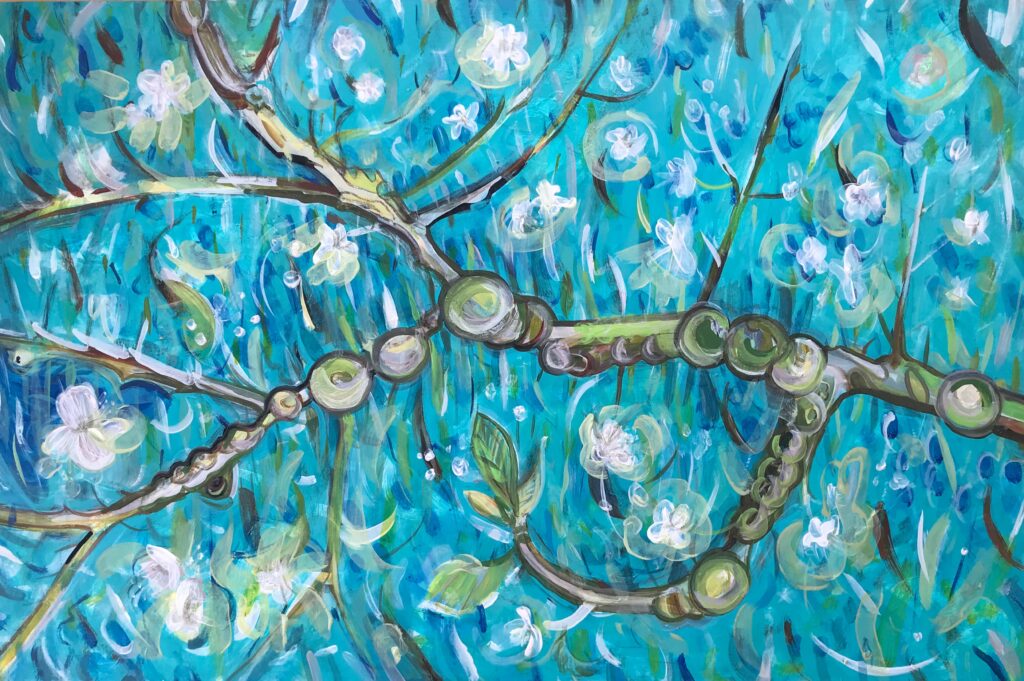 A mostly blue painting of the pruned branch from a blossoming cherry tree on the ground in the style of Vincent Van Gogh