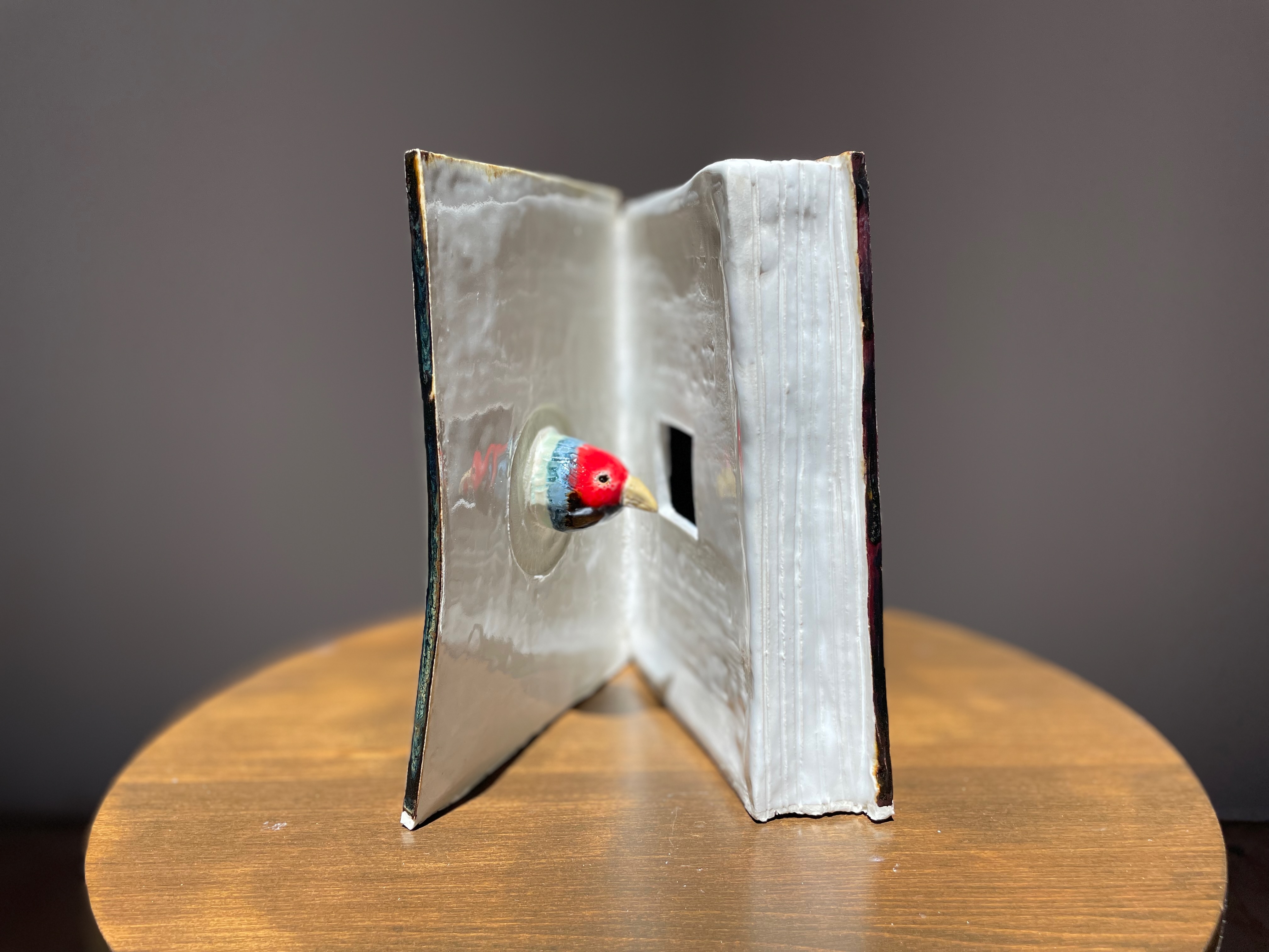 Dan Nuttall's ceramic sculpture of a book titled "Dominion" showing inside of book cover with emerging bird